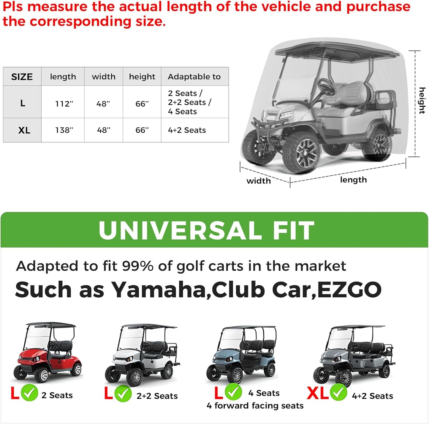 Golf Cart Cover 2/4/4+2 Passenger for Yamaha EZGO Club Car, Heavy Duty 420D Waterproof Windproof Durable Polyester Golf Cart Cover with 3 Zipper Doors for All-Weather Protection (Black/Silver)