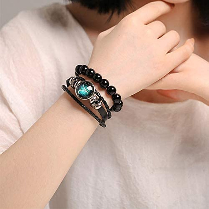 2Pcs Zodiac Bracelets for Women 12 Constellations Multilayer Leather Bracelet Handmade Woven Zodiac Sign Wrap Wristband Cuff Bracelet Zodiac Gifts for Birthday Christmas