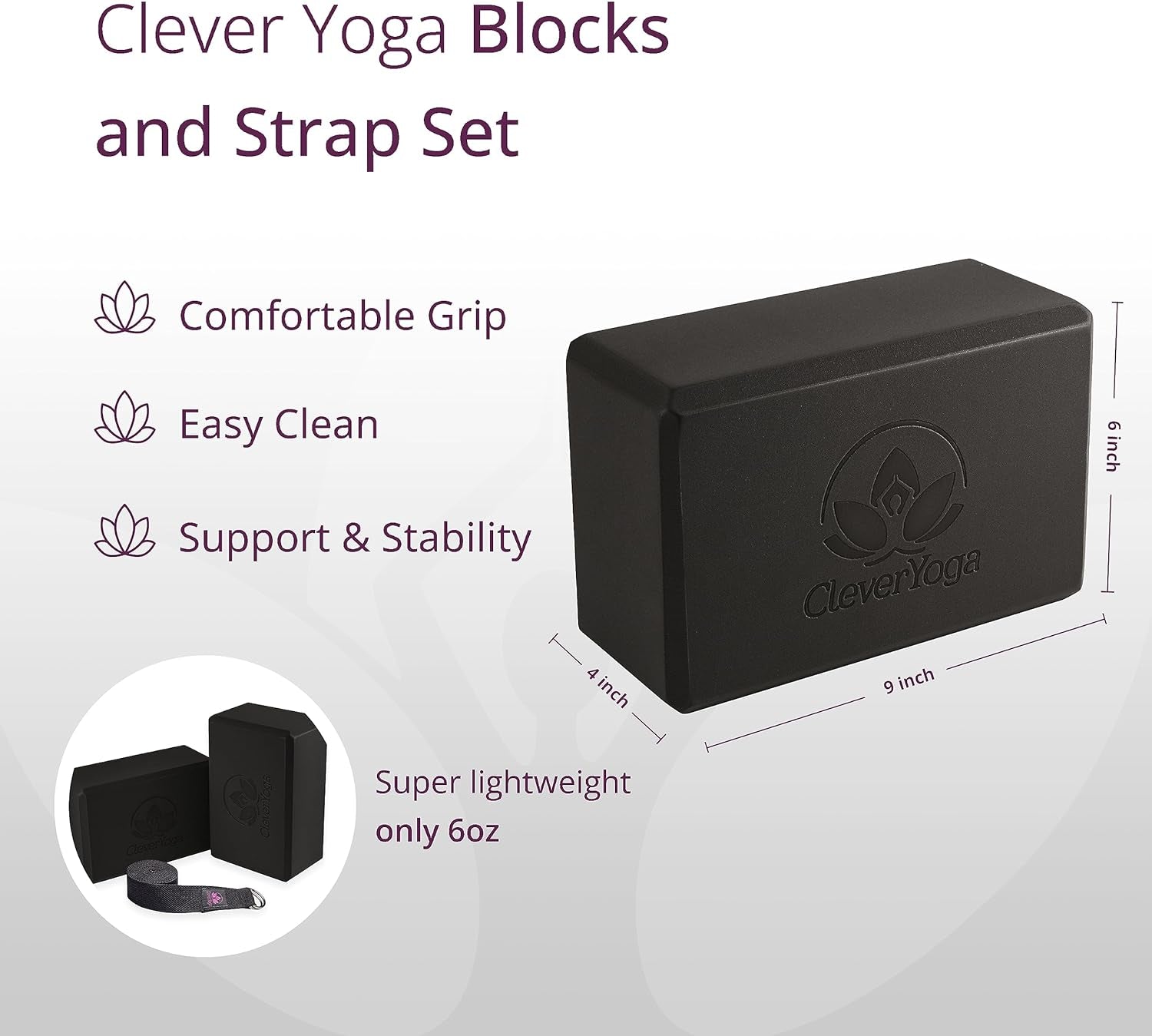 Blocks & Strap - Lighweight Foam Yoga Blocks 2 Pack with 8Ft Cotton Yoga Strap Set Kit for Beginners & Pros, Accessories & Equipment for Women & Men