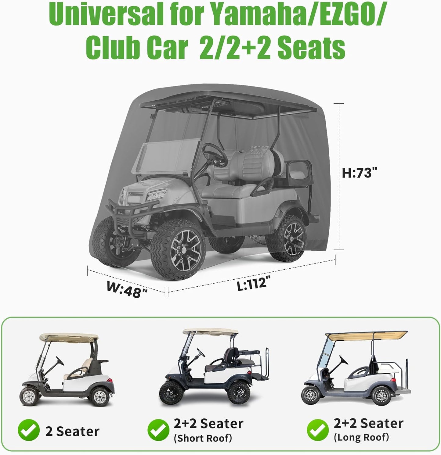 Waterproof Golf Cart Cover, Universal Fit for Yamaha, EZGO, Club Car & Honda, All-Weather 2/4/4+2 Passenger Protection with Three Zipper Doors