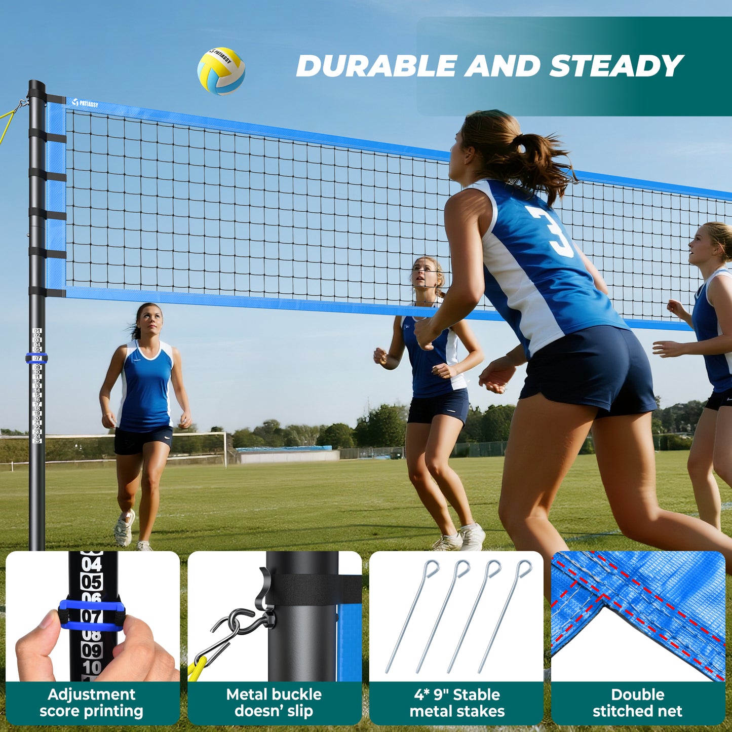 32FT Outdoor Portable Volleyball Net Set System for Backyard - Quick & Easy Setup Adjustable Height Steel Poles, PU Volleyball, Pump and Carrying Bag