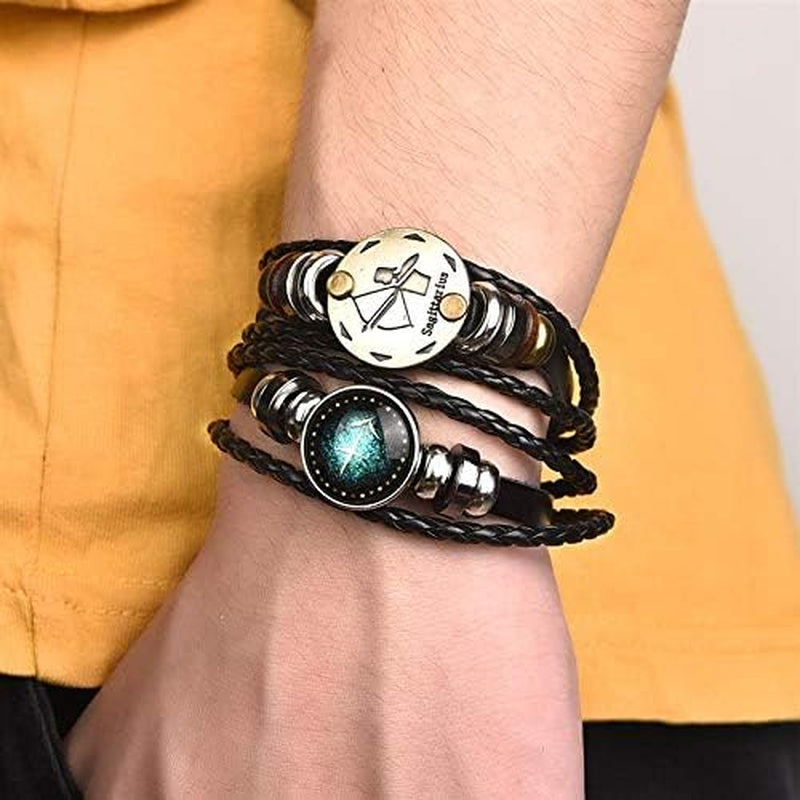 2Pcs Zodiac Bracelets for Women 12 Constellations Multilayer Leather Bracelet Handmade Woven Zodiac Sign Wrap Wristband Cuff Bracelet Zodiac Gifts for Birthday Christmas