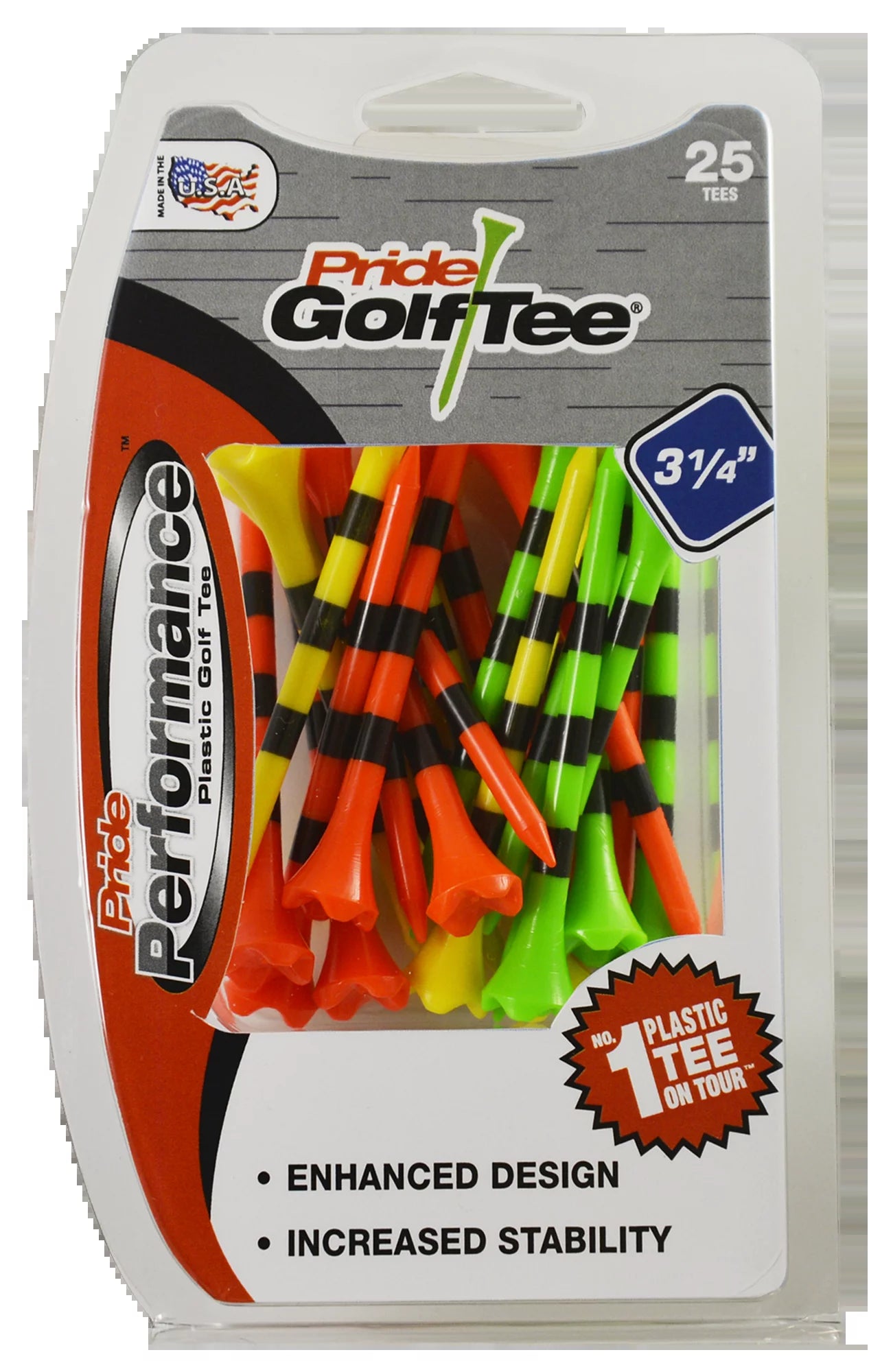 Pride Performance Plastic Golf Tees, 3-1/4" Length, Striped Fruit Mix, 25 Count, Low-Resistance Head for Golf, Longer Drives, Durable Plastic
