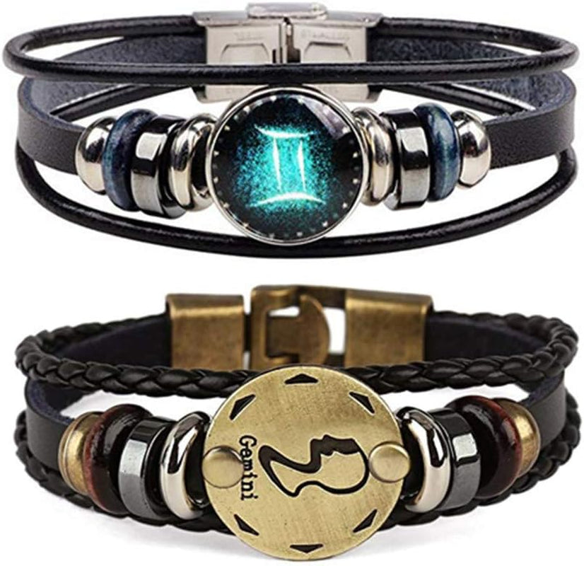 2Pcs Zodiac Bracelets for Women 12 Constellations Multilayer Leather Bracelet Handmade Woven Zodiac Sign Wrap Wristband Cuff Bracelet Zodiac Gifts for Birthday Christmas