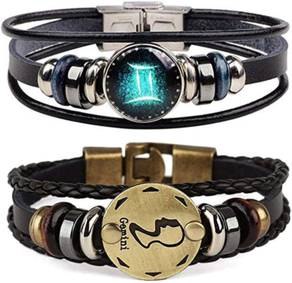 2Pcs Zodiac Bracelets for Women 12 Constellations Multilayer Leather Bracelet Handmade Woven Zodiac Sign Wrap Wristband Cuff Bracelet Zodiac Gifts for Birthday Christmas