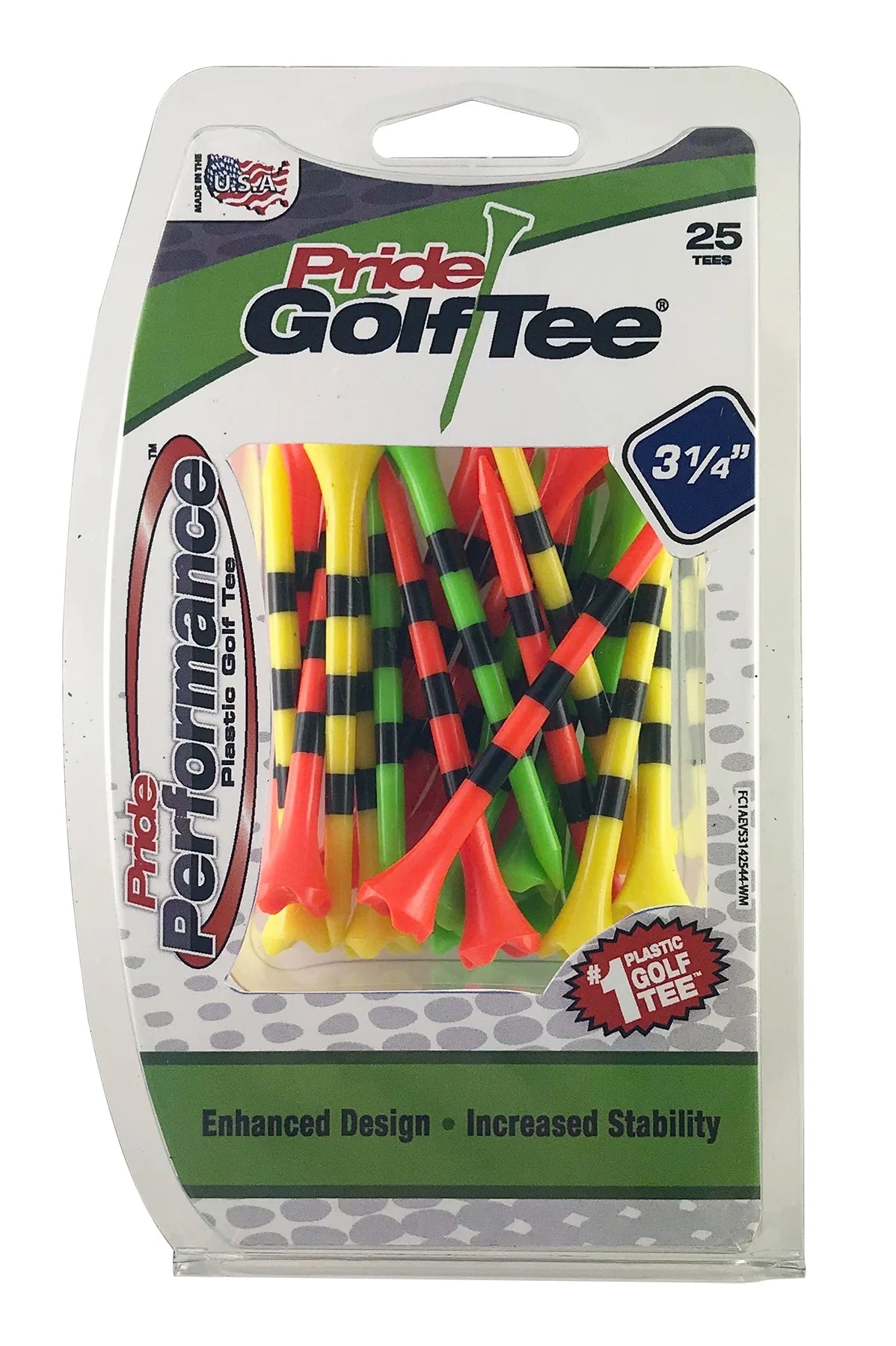 Pride Performance Plastic Golf Tees, 3-1/4" Length, Striped Fruit Mix, 25 Count, Low-Resistance Head for Golf, Longer Drives, Durable Plastic