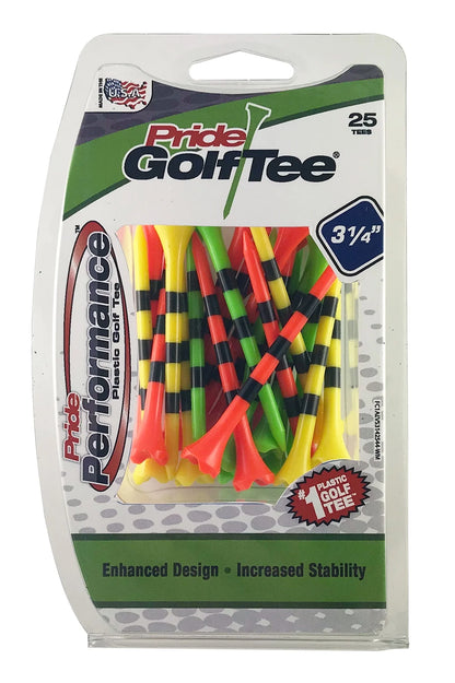 Pride Performance Plastic Golf Tees, 3-1/4" Length, Striped Fruit Mix, 25 Count, Low-Resistance Head for Golf, Longer Drives, Durable Plastic
