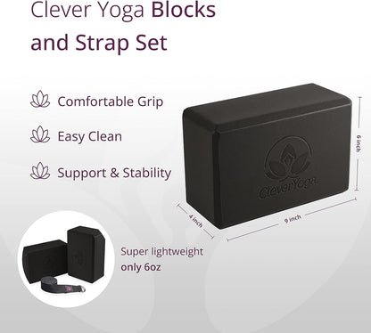 Blocks & Strap - Lighweight Foam Yoga Blocks 2 Pack with 8Ft Cotton Yoga Strap Set Kit for Beginners & Pros, Accessories & Equipment for Women & Men
