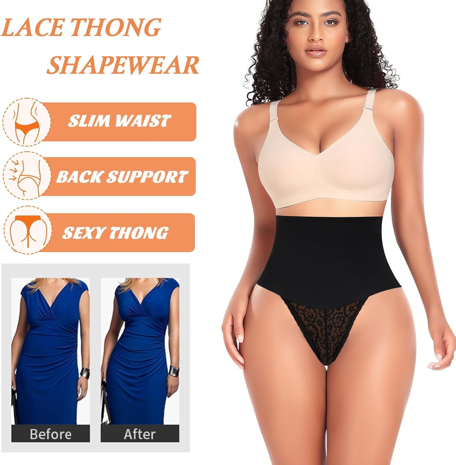 Tummy Control Thong Shapewear for Women Mid High Waisted Body Shaper Underwear Lace Shaping Thong Girdle Panties