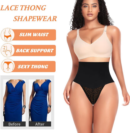 Tummy Control Thong Shapewear for Women Mid High Waisted Body Shaper Underwear Lace Shaping Thong Girdle Panties