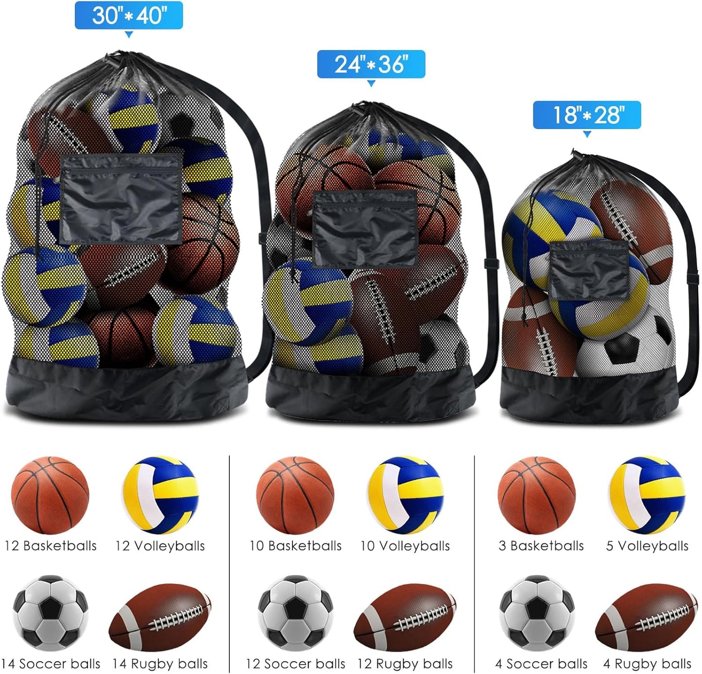 Thickened Extra Large Sports Ball Bag Mesh Socce Ball Bag Heavy Duty Drawstring Bags Team Work for Holding Basketball, Volleyball, Baseball, Swimming Gear with Shoulder Strap