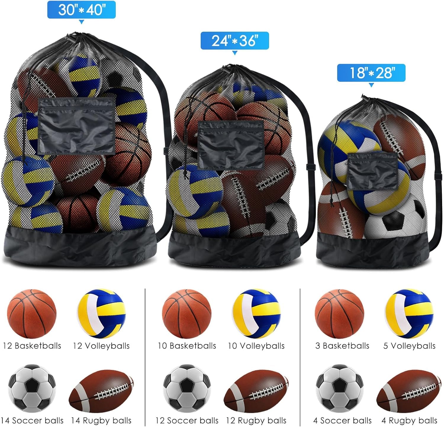 Thickened Extra Large Sports Ball Bag Mesh Socce Ball Bag Heavy Duty Drawstring Bags Team Work for Holding Basketball, Volleyball, Baseball, Swimming Gear with Shoulder Strap