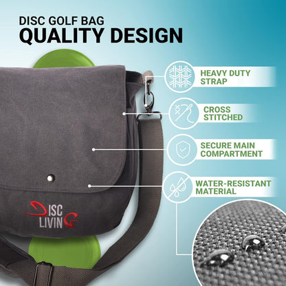 Disc Golf Bag | Frisbee Golf Bag | Easy to Carry | Lightweight Fits up to 10 Discs | 16 Oz Waxed Canvas Sturdy Design | Belt Loop | Double Button Design | Bottle Holder