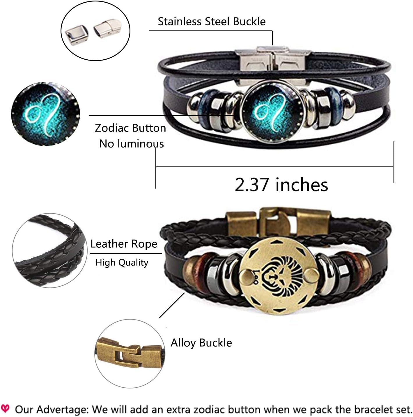 2Pcs Zodiac Bracelets for Women 12 Constellations Multilayer Leather Bracelet Handmade Woven Zodiac Sign Wrap Wristband Cuff Bracelet Zodiac Gifts for Birthday Christmas