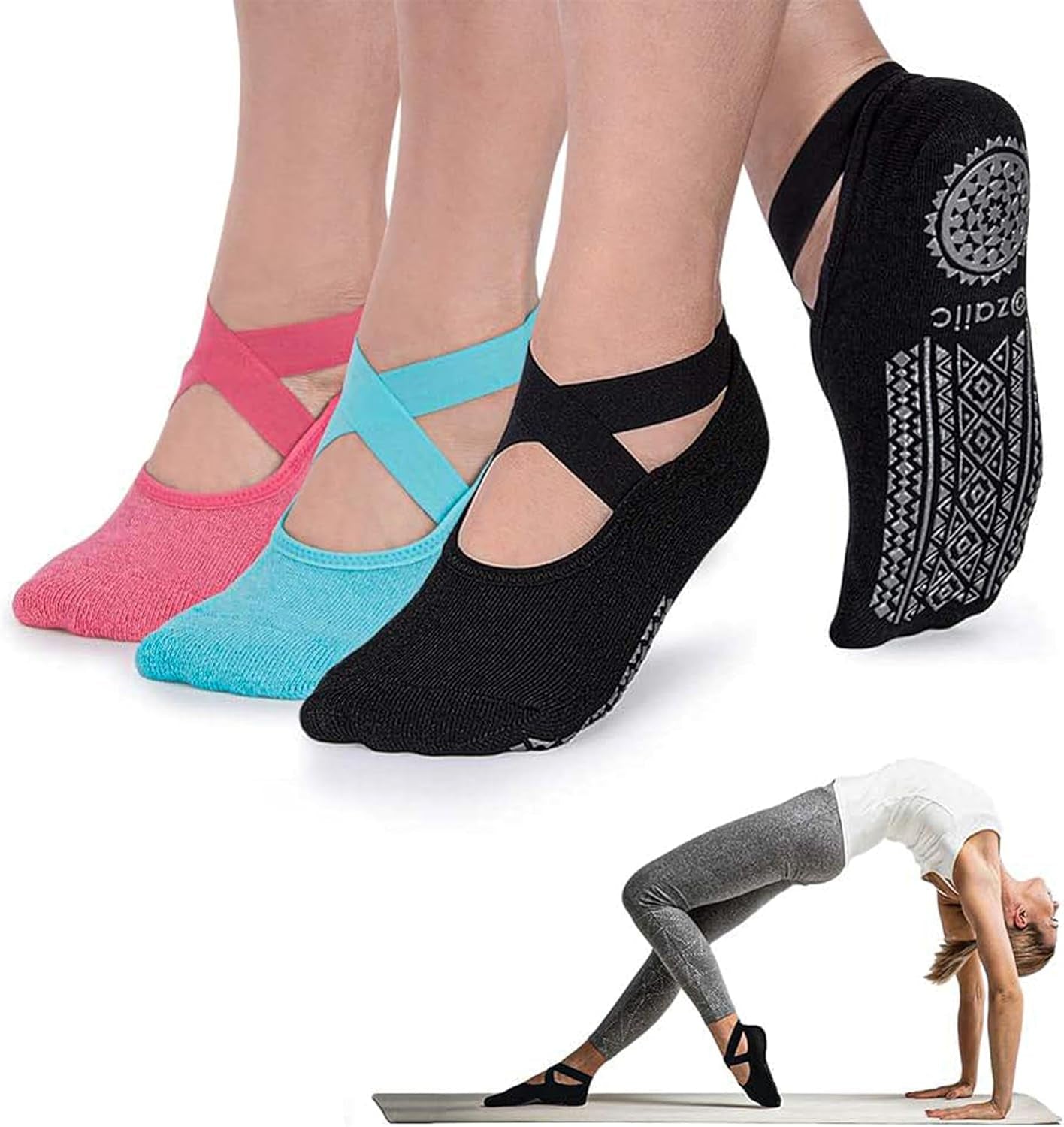 Yoga Socks for Women Non-Slip Grips & Straps, Ideal for Pilates, Pure Barre, Ballet, Dance, Barefoot Workout