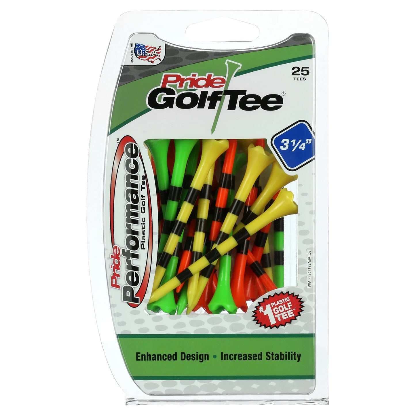 Pride Performance Plastic Golf Tees, 3-1/4" Length, Striped Fruit Mix, 25 Count, Low-Resistance Head for Golf, Longer Drives, Durable Plastic