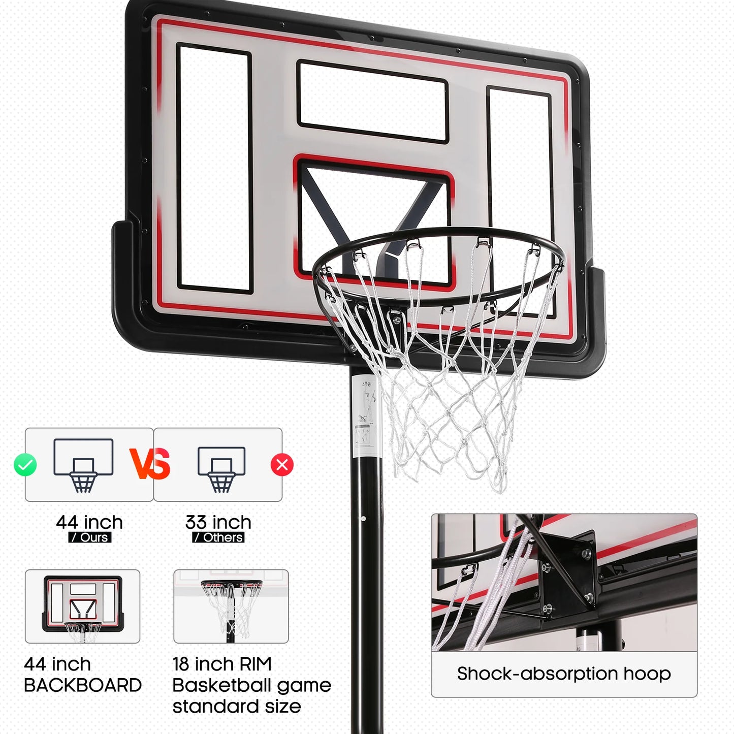 44In Basketball Hoop Adjustable Height 6.56Ft-10Ft Goal Durable Outdoor Portable Basketball System for All Age Ranges