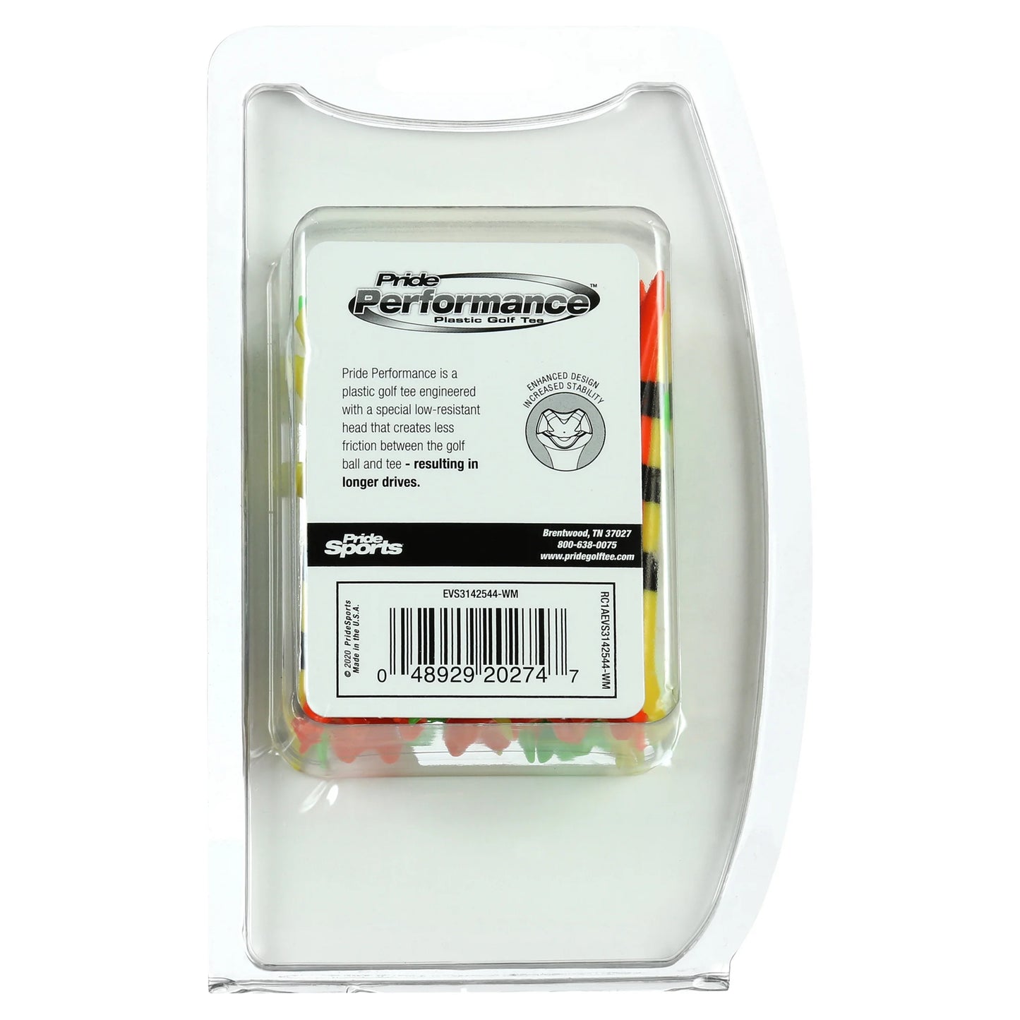 Pride Performance Plastic Golf Tees, 3-1/4" Length, Striped Fruit Mix, 25 Count, Low-Resistance Head for Golf, Longer Drives, Durable Plastic