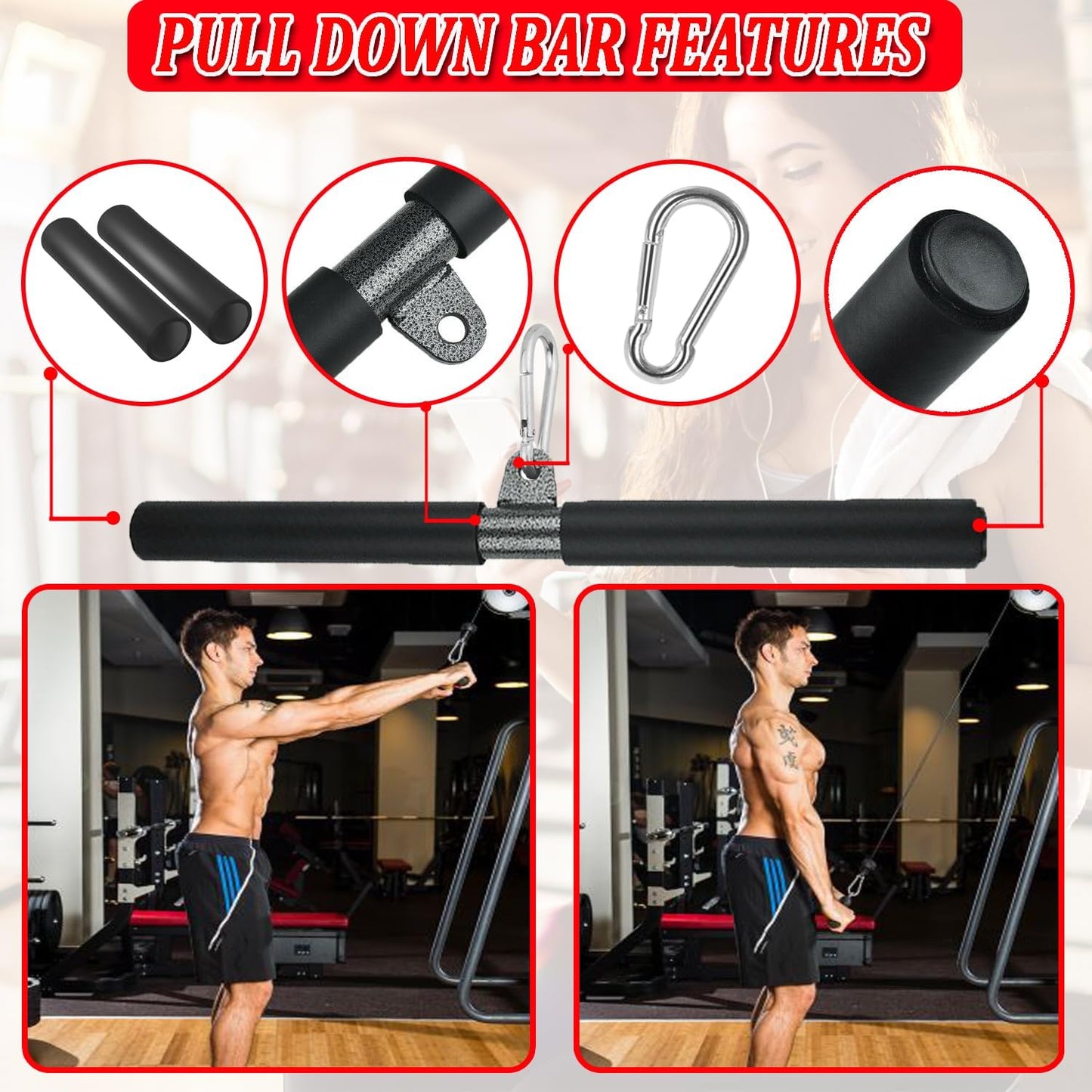 LAT Pull down Bar Cable Machine Attachment Fitness LAT Bar Accessories with Rubber Handle for Home Gym Fitness Muscle Building Strength Workout