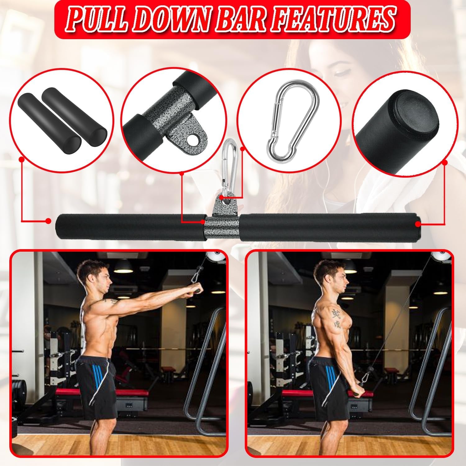 LAT Pull down Bar Cable Machine Attachment Fitness LAT Bar Accessories with Rubber Handle for Home Gym Fitness Muscle Building Strength Workout